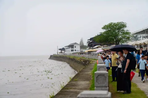 钱塘江堤边静待潮来