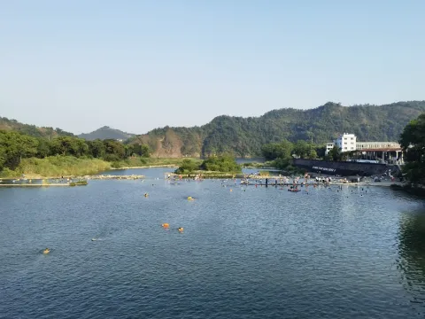 夏日，溪水中游泳嬉戏的人