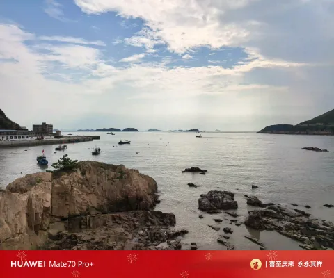 礁石海湾，远处的渔船