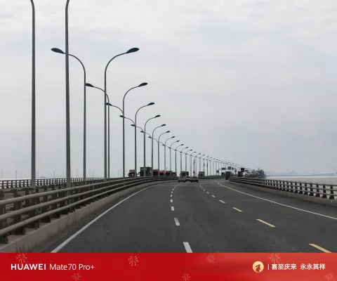 乘坐的大巴车已行驶在东海大桥上