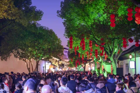 夜间步行街的游客