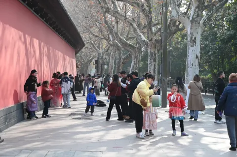 纷纷在网红红墙下拍照留影的游人