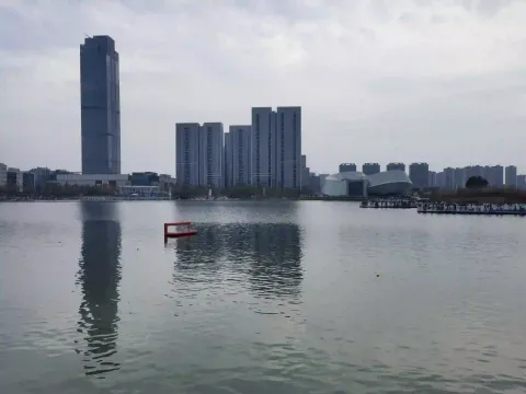 开阔湖面眺望城市楼宇