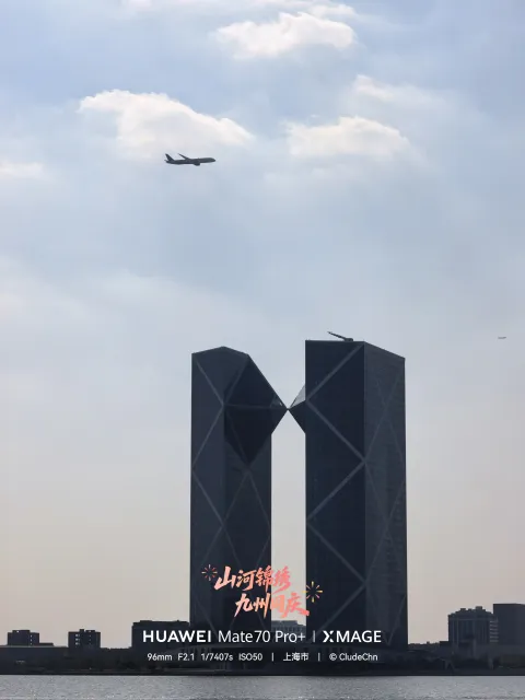 飞机掠过双子楼